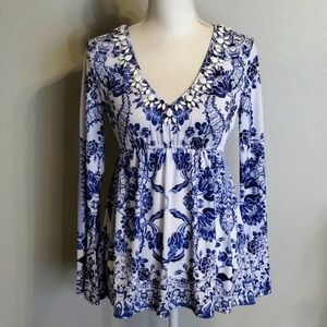 Boston Proper Blue White Floral Print Top V-Neckline Long Sleeve Embellishments